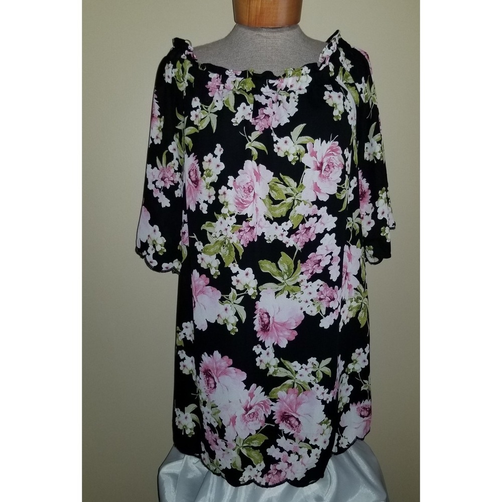 Lily Rose Black Floral Dress - Off Shoulder 3/4 Bell Sleeve Lined. Size Med